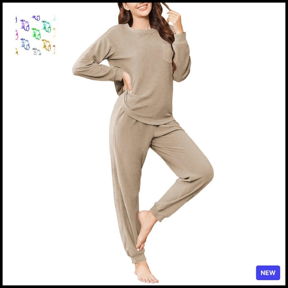 Fuzzy Fleece Pajama Set Long Sleeve Jogger Comfy Loungewear With Pockets